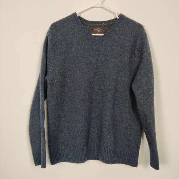 Black Brown 1826 Men's Striped V-neck Wool Sweater Blue Gray Lambswool Old Money - Picture 1 of 9